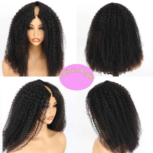 Domiso Afro Kinky Curly V Part Wig Human Hair Pre-Minimum Leave Out Upgraded V Part Wigs with Anti Slip Elastic Band and Removable Clips for Secure 20 Inch