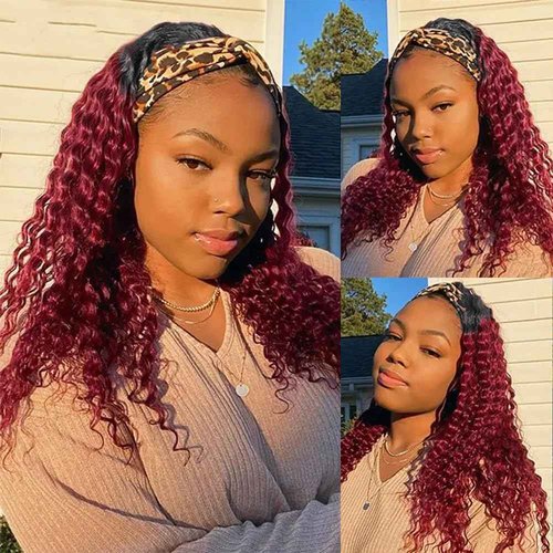 Unvizossa 24inch 1B/99J Burgundy Ombre Headband Wig Deep Wave Human Hair Wigs Headband Wig 150% Density Half Glueless None Lace Front Wigs Brazilian Virgin Human Hair Headband Wigs for Black Women