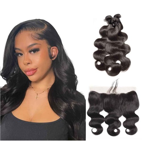 Body Wave Bundles with Frontal (16 18 20 +14 inch) Human Hair Bundles with Lace Frontal 13x4 Brazilian Virgin Hair 12A Grade Body Wave Human Hair 3 Bundles with Frontal 150% Density Natural Color