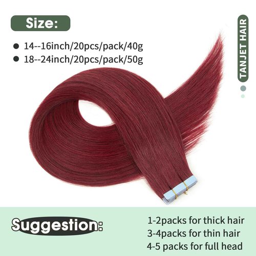 TANJET Tape in Human Hair Extensions 100% Real Human Hair Straight 99J 20 Inch Seamless Skin Weft Thick Soft Silky Hair Extensions Tape in Burgundy (#99J 20 Inch 20pcs 50g/Pack)