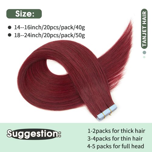 TANJET Human Hair Tape in Extensions 22 Inch Straight Remy Hair Tape in Extensions Wine Red #99J Invisible Seamless Skin Weft Thick Soft Silky Hair Extensions Tape in (#99J 22 Inch 20pcs 50g/Pack)