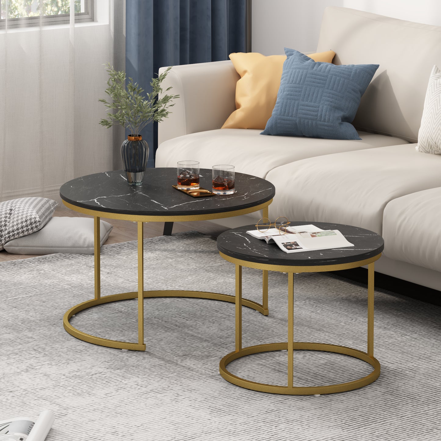 Nesting Coffee Table Set of 2 - Round Black+Gold Marble Top