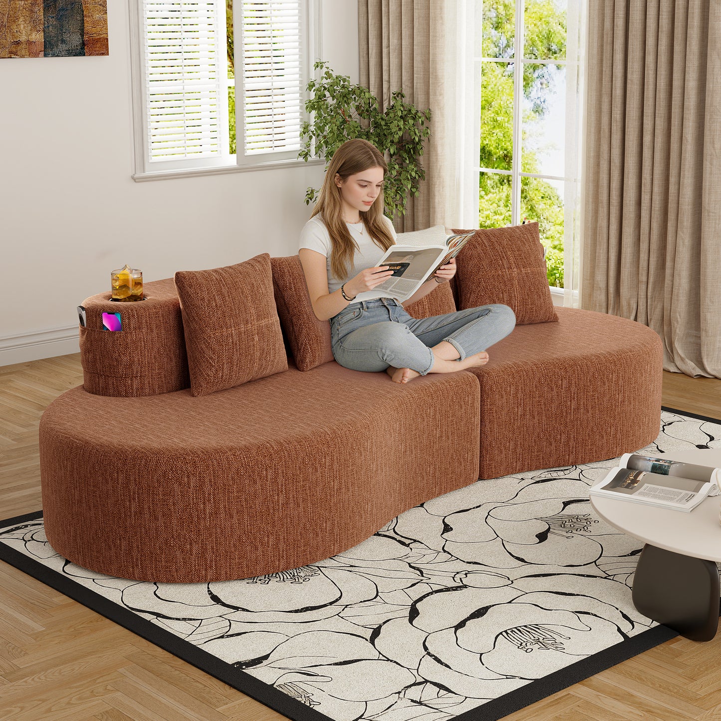 Modern Curved 3-Seat Half-Moon Sofa in Orange - Minimalist Design