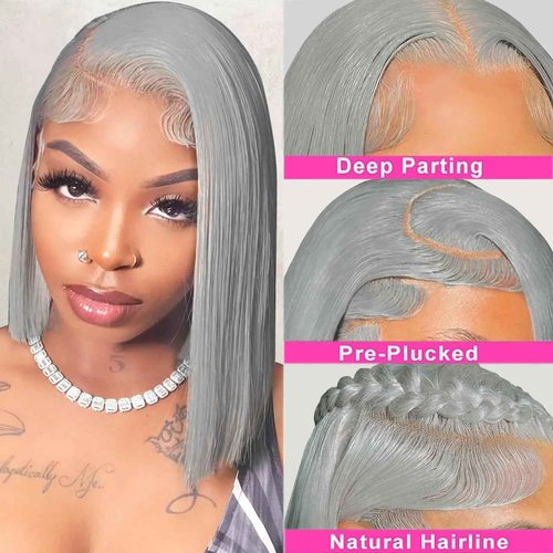 Benafee Grey Silver Bob Wig Human Hair 13x4 HD Lace Front Wig Glueless Wigs Human Hair Pre Plucked Gray Short Bob Lace Frontal Wigs for Black Women Nature Hairline 180% Density 12 Inch