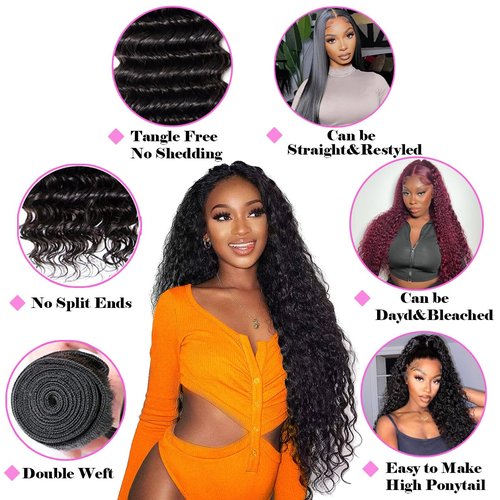 Releek Deep Wave Human Hair Bundles With 4X4 Lace Closure Free Part (10 12 14+10) Inch Human hair 3 Bundles with Closure 100% Unprocessed Wet and Wavy Blonde Deep Water Wave Human Hair Extensions