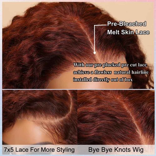 Reddish Brown glueless wigs human hair pre plucked pre cut Deep Wave 7x5 Wear And Go Closure Wigs Reddish Brown Lace Front Wigs Human Hair 180% Density Auburn Wig for Women 10 Inch
