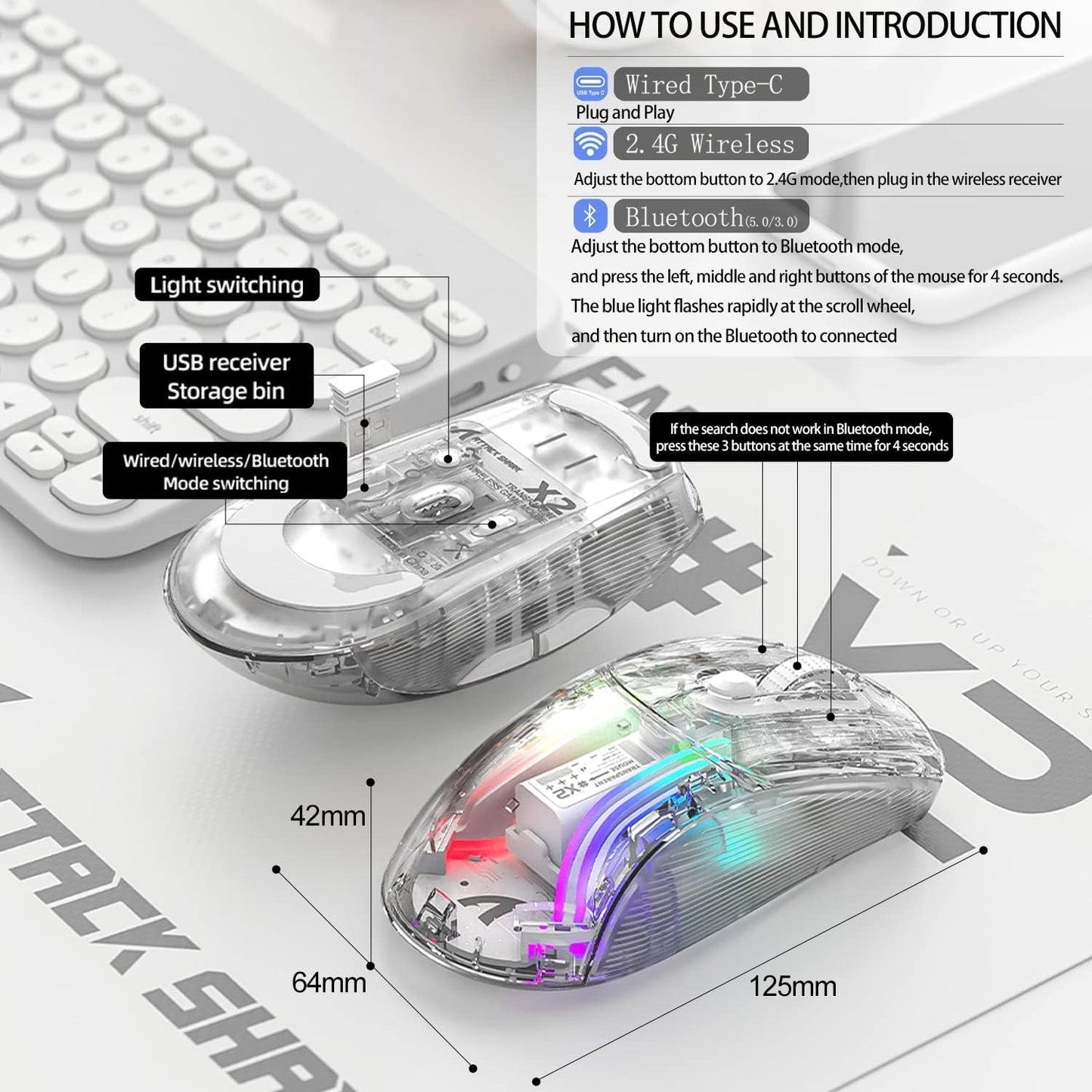 A.JAZZ Wireless Gaming Mouse with Full Transparent,Tri-Mode 2.4GHz/Bluetooth/Wired Mouse,Digital Display,Charging Base,3D RGB Backlit,Silent Mice with 7 Buttons,Wireless Mice for Laptop,PC,Mac(Black)