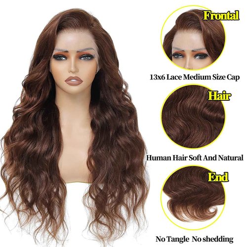 UYGLJK 13x6 Chocolate Brown Lace Front Wig HumanHair HD Transparent Pre Plucked Glueless Frontal 26 Inch Brown Wig Human Hair 200% Density
