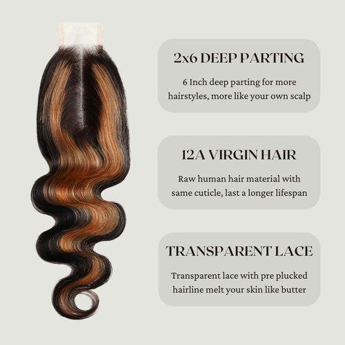 BQRIH F1B/30 Brown Highlighted 2x6 HD Closure Only Body Wave Human Hair 16 Inch, 12A 100% Virgin Remy Deep Middle Part Ombre Honey Blonde Highlight 2by6 Kim K Lace Closure Pre Plucked For Women Sew In