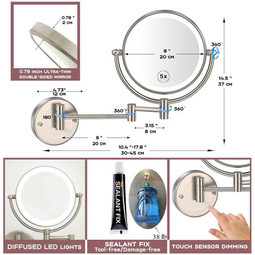 RECKODOR Bathroom Magnifying Makeup Mirror Wall Mounted with Light, Hardwired 7W LED Lighted Vanity Mirror, 360 Swivel 17.7 Inch Brass Extension Arm, Touch Dimmable, Brushed Nickel