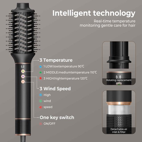 Yeshuai Hair Dryer Brush 5 in 1 Autowrap Hot Air Hair Styler with High-Speed Aluminum Alloy Blow Dryer Brush Volumizing, Straightening & Fast Drying with Negative Ion, No Heat Damage, Black