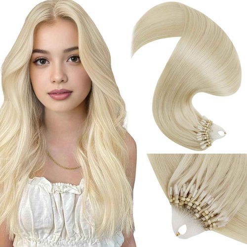 LaaVoo Micro Loop Hair Extensions Real Human Hair Bleach Blonde Micro Link Hair Extensions Human Hair Long Straight Blonde Micro Beads Hair Extensions Human Hair 50g/50s 24 Inch
