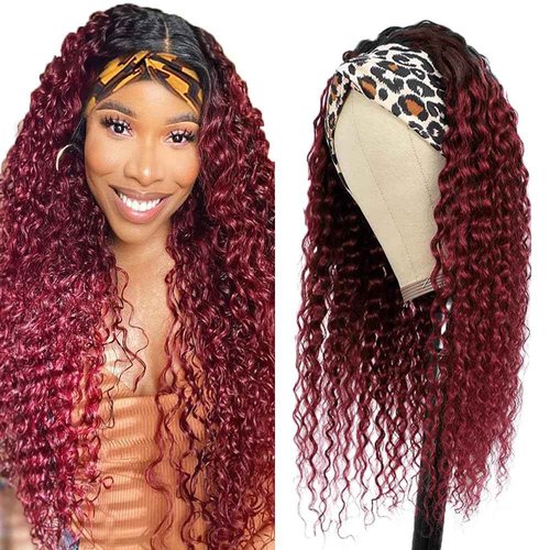 YiweYowe 26 Inch 1B99J Burgundy Headband Wig Human Hair 150% Density Grade 8A Unprocessed Brazilian Virgin Hairs Machine Made Ombre Red Deep Wave Headband Wig Human Hair None Lace Front Wig