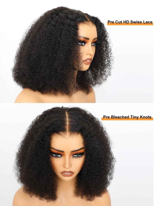 Domiso Afro Kinky Curly Wig Human Hair 8x5 M-Cap Max Part Knots Bleached Glueless Wigs Human Hair Plucked Pre Cut Lace Wig Big Fluffy Curl 16 Inch