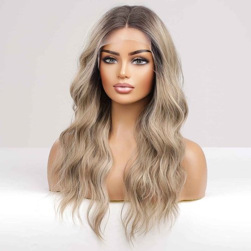 HAIRCUBE Long Ombre Ash Blonde with Highlight Lace Front Wigs for Women,Natural Wavy Middle Parting Synthetic Wigs Lace Wigs