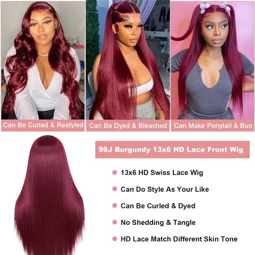 YFFSSJFC 30 Inch 99j Burgundy Lace Front Wigs Human Hair 200% Density 13x6 Hd Lace Front Wigs Human Hair Straight Burgundy Wigs Pre Plucked Pre Cut For Black Woman