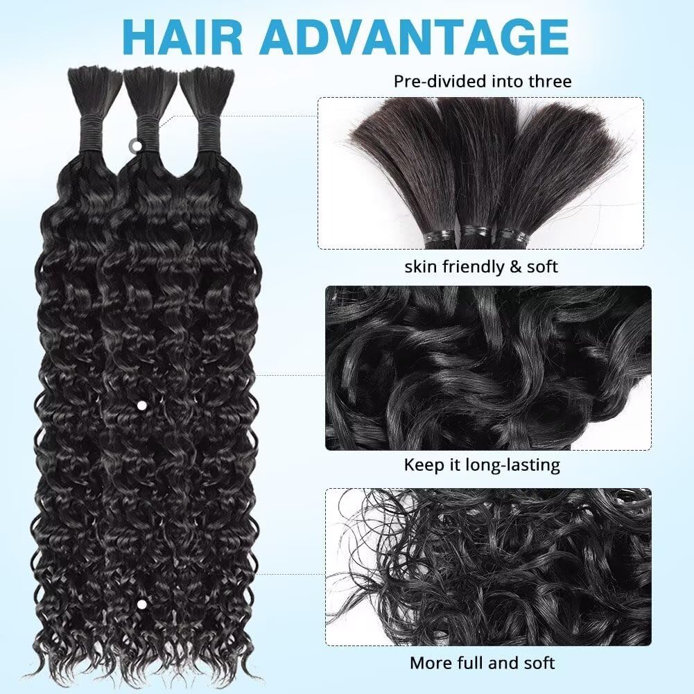 Human Braiding Hair Water Wave Bulk Human Hair 150g 24 Inch Natural Color Curly Human Hair for Boho Braids Hair Extensions No Weft 3 Braids Per Pack Wet and Wavy Human Hair Braiding Hair