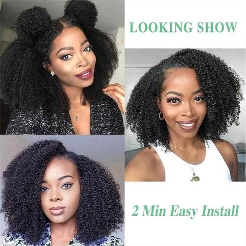 Amznlady Afro Kinky Curly V Part Wig Human Hair Brazilian Virgin Glueless Wig Human Hair for Black Women Upgrade U Part Wigs Kinky Curly Wigs No Leave Out 200% Density Natural Color 20 Inch
