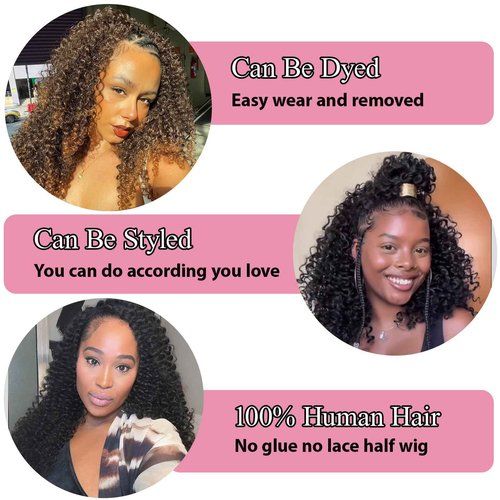 Lametope Glueless Half Wig Human Hair Kinky Curly 200 Density 3 In 1 Seamless Flip Over Drastring Half Wig Human Hair for Beginner Kinky Curly Human Hair Headband Wig for Women （16 Inch）