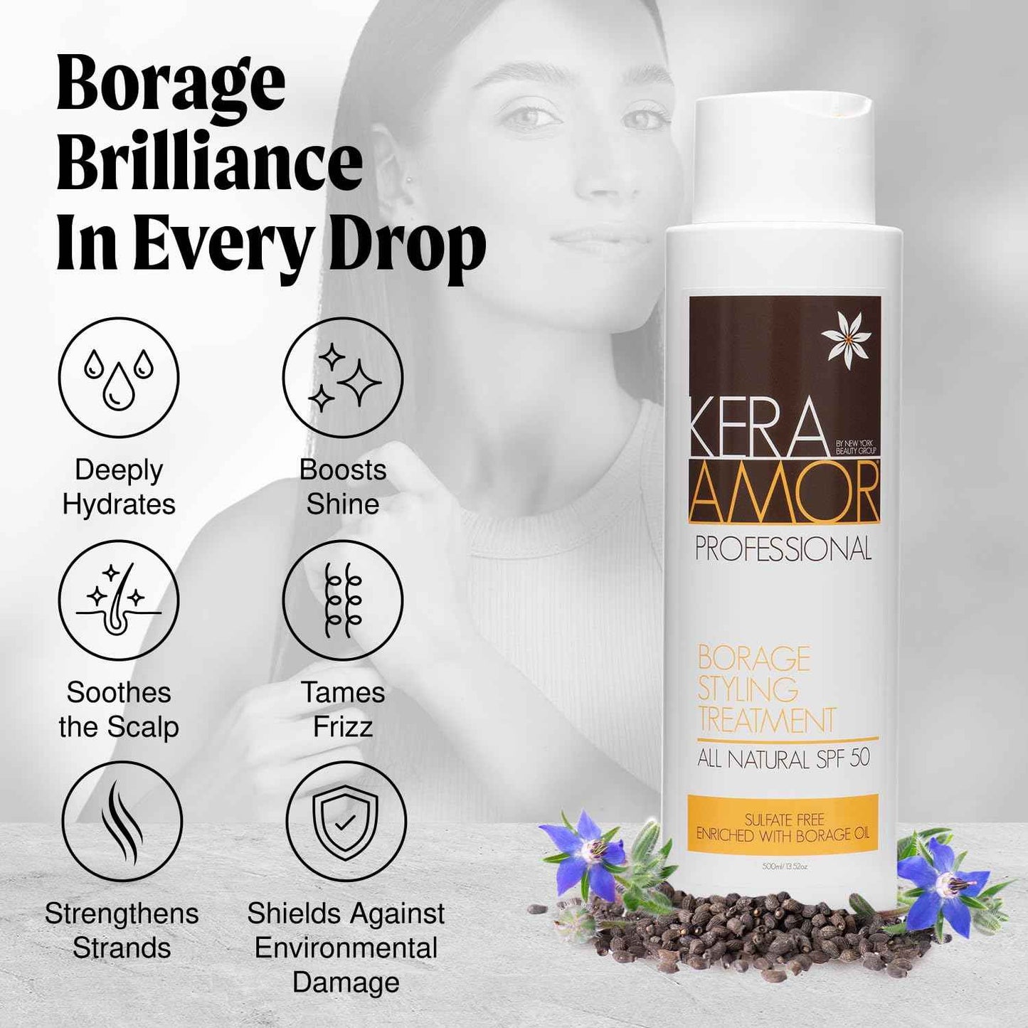 KeraAmor Professional Borage Styling Treatment - All-Natural SPF 50 - Sulfate-Free with Borage Oil - Restoring Chemically Treated Hair - 500ml