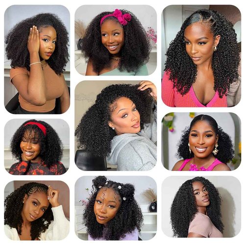 Glueless Half Wigs Human Hair Kinky-Curly Headband Wig Upgrade 3 In 1 Half Wig with Drawstring Seamless Clip Ins Flip Over 200 Density Curly Human Hair Wig For Black Women 16 Inch