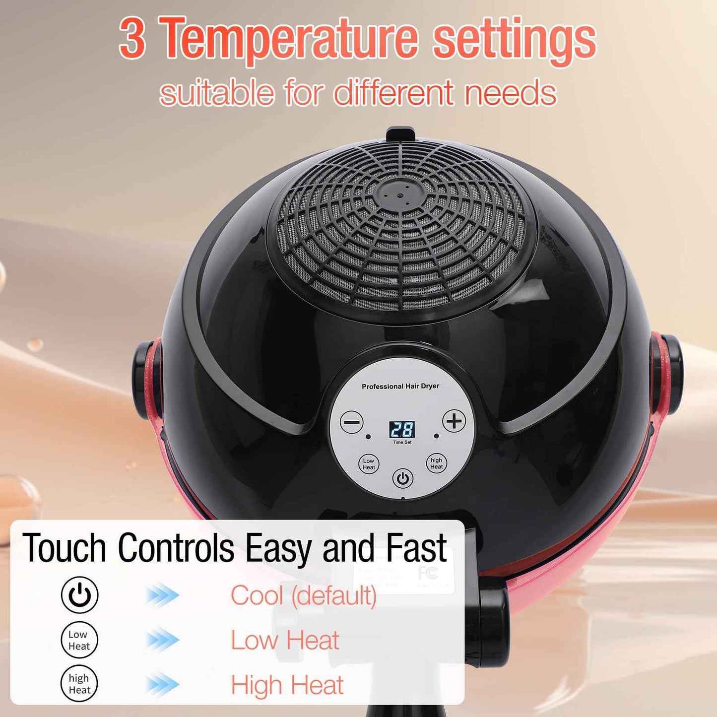 Hooded Hair Dryer, Standing Hair Dryer with 3 Modes and Time Setting, Professional Hooded Dryer with Touch Controls for Home and Salon Use, Pink