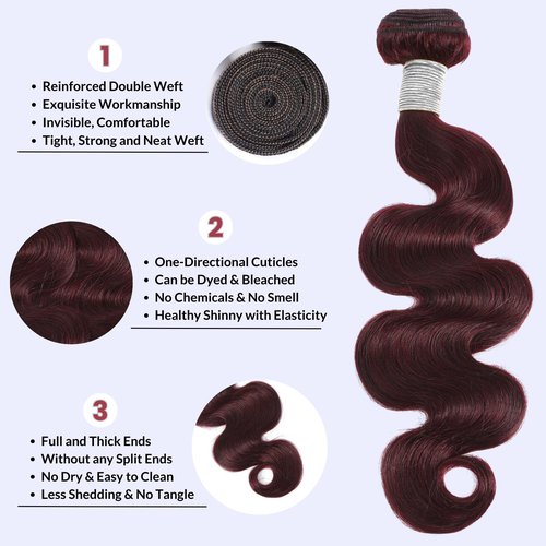 MOMOSHERO 99j Dark Burgundy Body Wave Bundles Human Hair 26 Inch, 12A Soft And Shiny Red Wine Colored Bundles 100% Brazilian Virgin Remy Hair Sew In Weave Single Human Hair Bundle Chic #99j Color