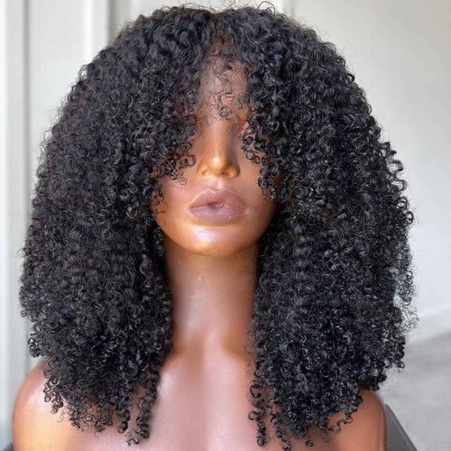 Meadow hair Full 200 Density Afro Kinky Curly Human Hair Wig With Bang Brazilian Virgin Afro Coily Wigs Bangs For Black Women Machine Scalp Top Wig Glueless 14inch