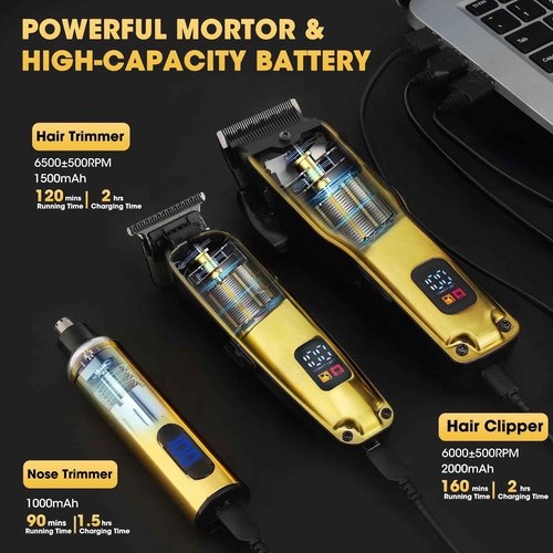 Dumite 4-in-1 Hair Clippers for Men, Professional Cordless Barber Hair Cutting Kit, T-Blade Trimmer, Electric Foil Shaver, Nose Hair Trimmer, LCD Display, Grooming Gift Set (Gold)