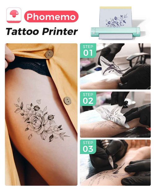 Phomemo M08F Wireless Tattoo Transfer Stencil Printer Green with 45PCS of Tattoo Transfer Paper Compatible wit, Bluetooth Tattoo Printer Compatible with Android, iOS and PC
