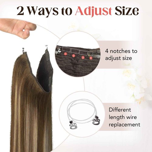 XDhair Wire Hair Extensions Real Human Hair 18Inch 85g Balayage Color Chocolate Brown to Caramel Blonde Invisible Wire Hair Extensions(#4/27/4-18inch)