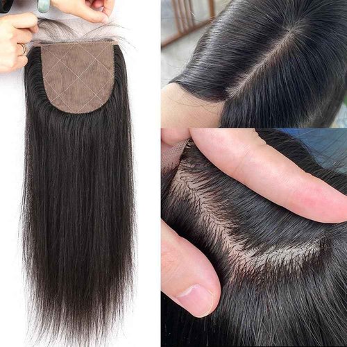 RIVPOIG 4x4 Silk Base Lace Closure with Baby Hair Pre Plucked Brazilian Virgin Straight Natural Black Color Human Hair Free Part Toppers Closure For Women (14inch)