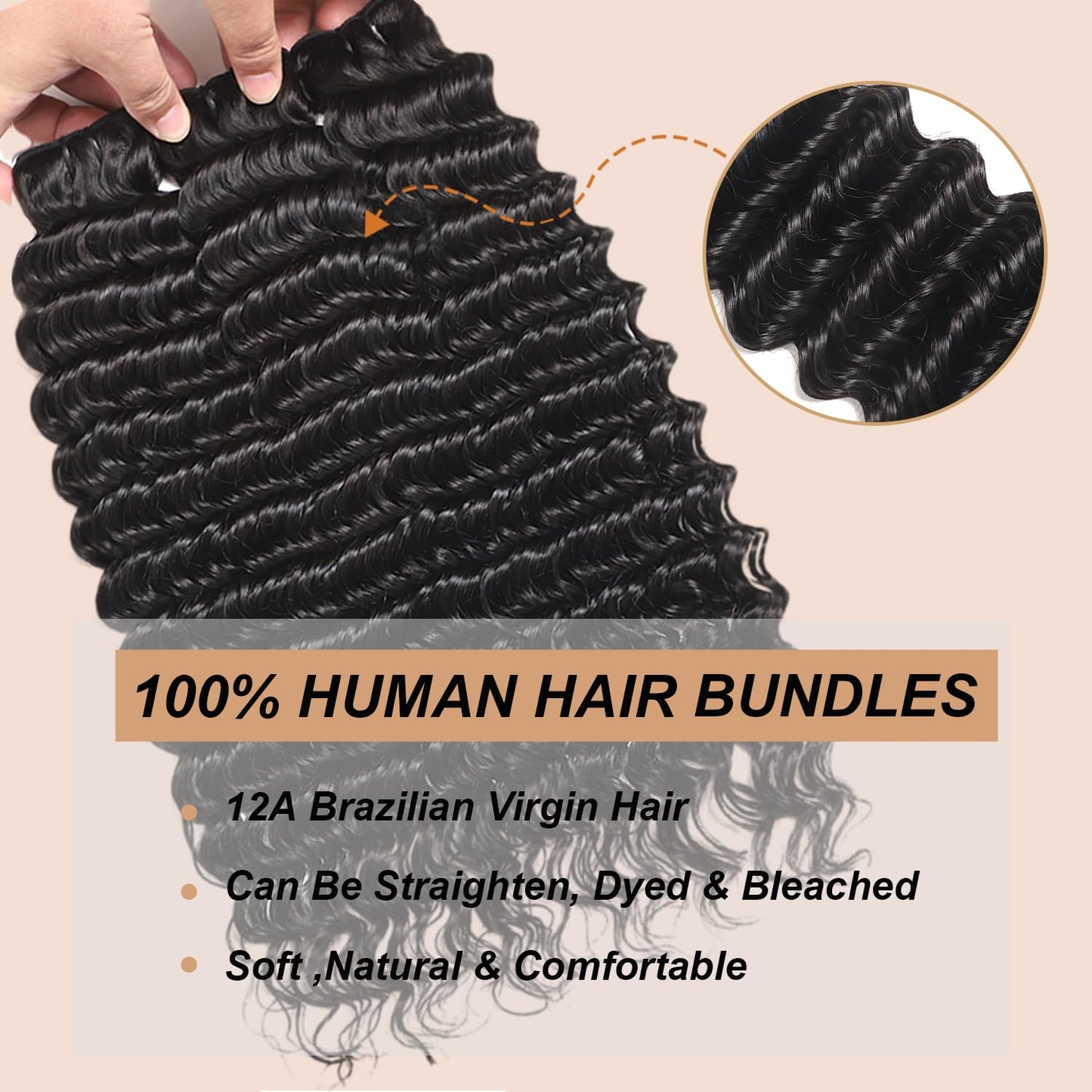 12A Human Hair Bundles with Closure-Deep Wave Bundles 14 16 18+12 Inch 5x5 HD Lace Closure Water Wave, Wet and Wavy 100% Brazilian Virgin Deep Curly 3 Bundles Human Hair Quick Weave Bundle for Women