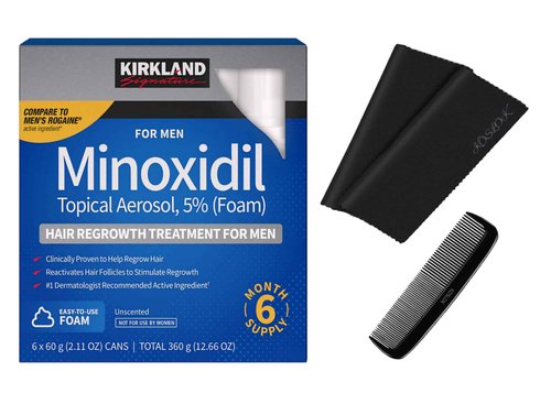 Kirkland Signature Hair Regrowth Treatment Minoxidil Foam for Men, 2.11 oz, 6 Count (6 Month Supply) - 2 MicroFiber Cleaning Cloths and Comb Included