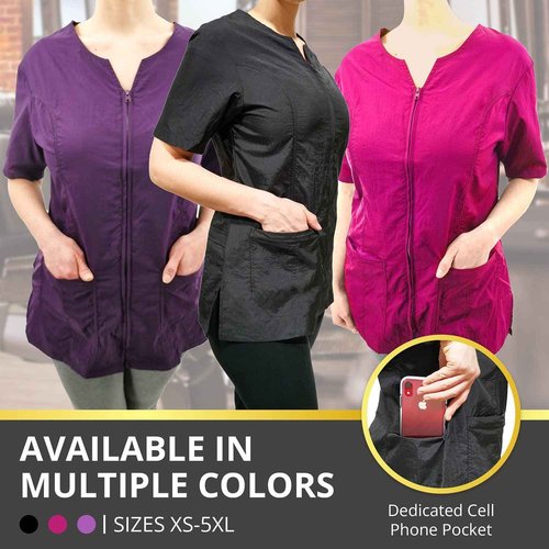CHARLENE Haley Short Sleeves Jacket | High Fashion Hair Stylist Nylon Uniform | Water-Repellant Breathable Nylon | Machine Wash | Zipper Closure (BLACK, M)
