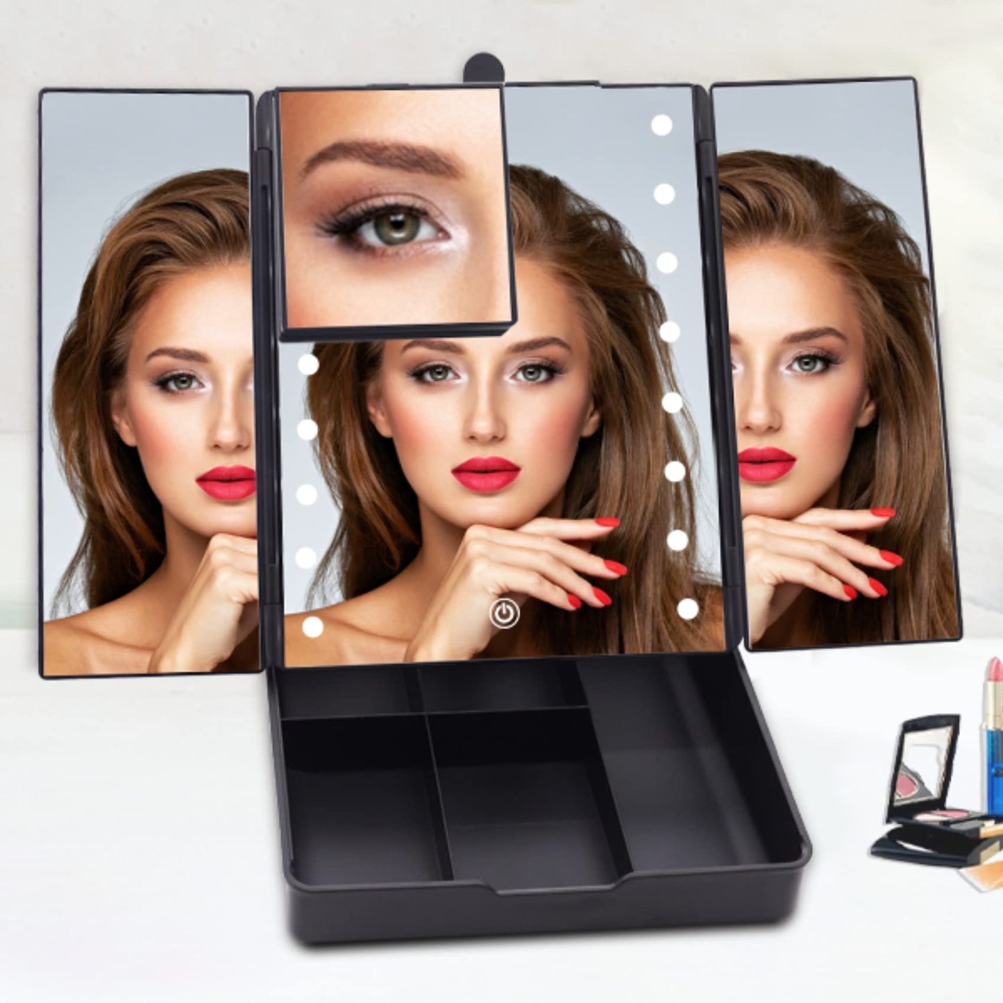Impressions Touch Trifold LED Makeup Mirror with Vanity Organizer, 7X Magnifying Desk Mirror with Standing Base and USB Cable (Black)