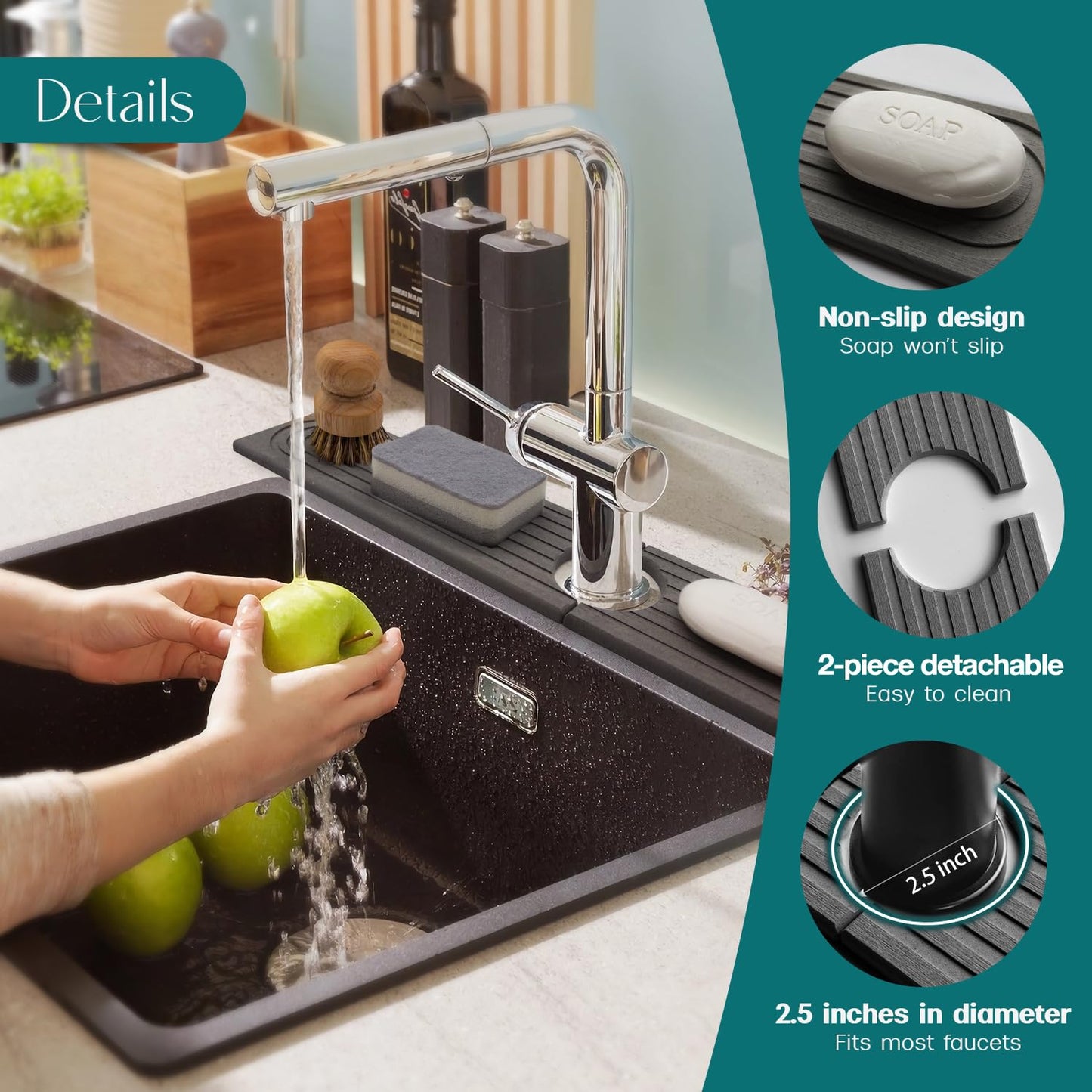 Large Faucet Mat for Kitchen Sink - Stone Drying Mat for Kitchen Counter, Diatomite Fast Drying Stone Sink Tray, Super Absorbent, Stylish Decor and Protector for Bathroom (Dark Grey, 23.6" x 5.5")