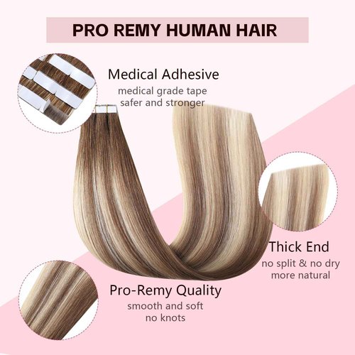 Sweetmet Injection Tape in Hair Extensions Real Human Hair 3rd-Generation #3/8/22 Walnut Brown to Ash Brown and Golden Blonde 20pcs 35g 16inch Invisible Tape ins Extensions(#3/8/22-16inch）