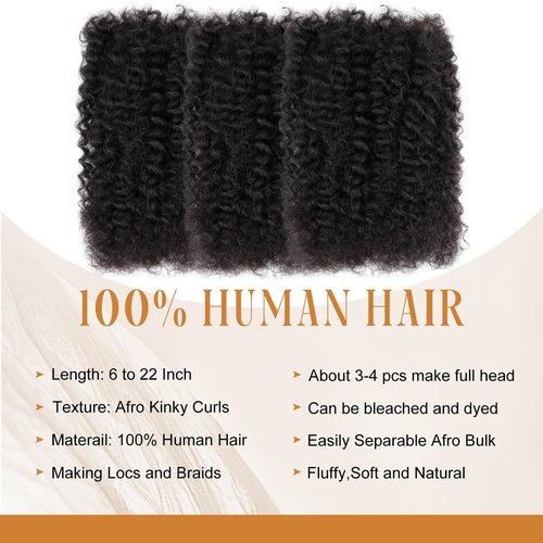 Afro Kinky Bulk Human Hair 14 Inch 30g/Pack 3 Packs for Dreadlock Extensions, Braiding, Twist – Kinky Curly Bulk Human Hair for Loc Repair, Natural Afro Texture Hair for Black Women & Men