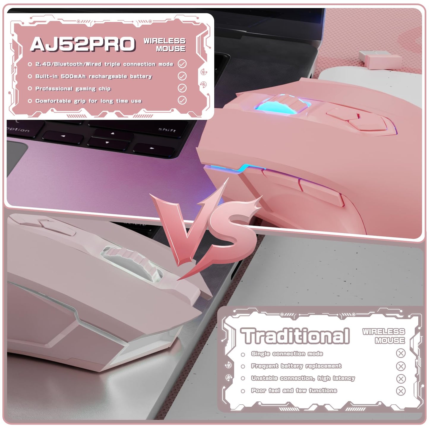 AJ52PRO Wired Wireless Bluetooth Gaming Mouse with RGB LED Backlight Adjustable 10000DPI Ergonomic 7 Programmable Button Rechargeable 800mAh Battery 2.4Ghz USB Receiver for PC Mac PS4 Xbox Gamer(Pink)