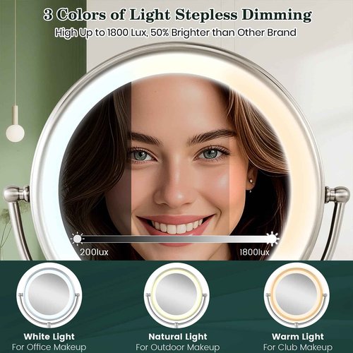 VESAUR 11.8" Extra Large 17" Tall Lighted Makeup Mirror, 1X/5X/10X 3-Sided Magnifying Mirror with 96 LEDs, 3 Color Dimmable Lights, 360° Swivel Dual Power Vanity Mirror, Nickel Finish - Great Gift