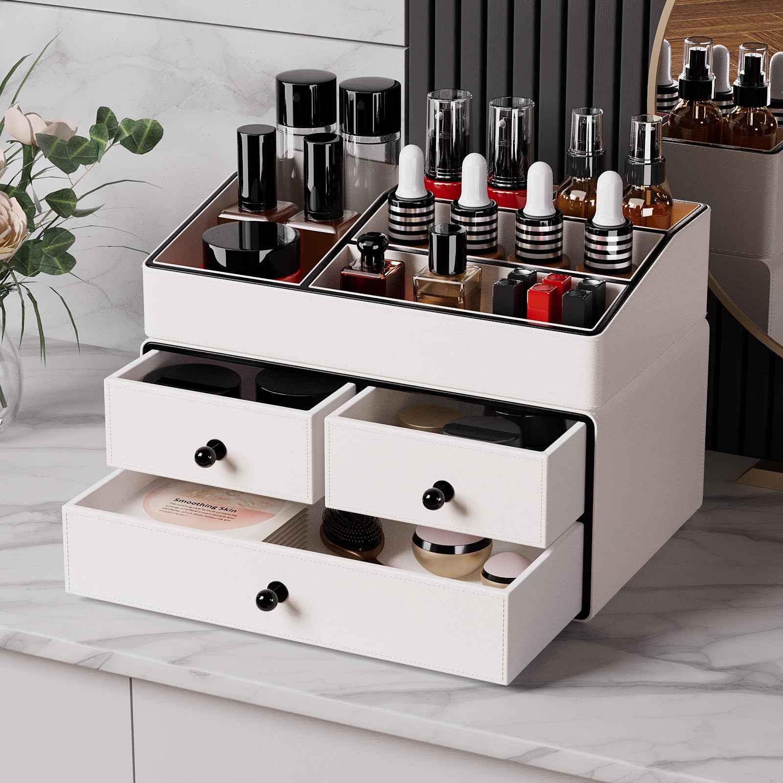 GORESE Leather Makeup Organizer with Drawers for Vanity, Stackable Skincare Holder Dresser Organizer Countertop, Make Up Storage Organizers Counter Cosmetic Display Case Gifts for Women(Cream White)