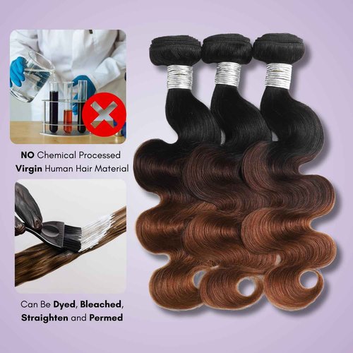 AUROO 3 Tone Chestnut Brown Ombre 3 Body Wave Bundles with Closure Human Hair, 12A Virgin Remy Hair Bundle T1B/2/30 Medium Brown/Auburn Colored 3 Bundles with 5x5 HD Lace Closure Free Part 10 12 14+10