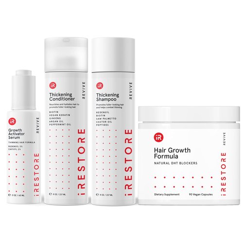 iRestore Max Growth Bundle includes our Hair Growth Formula Supplement, Growth Activator Serum, Thickening Shampoo, and Conditioner to Combat Thinning and Promote Growth
