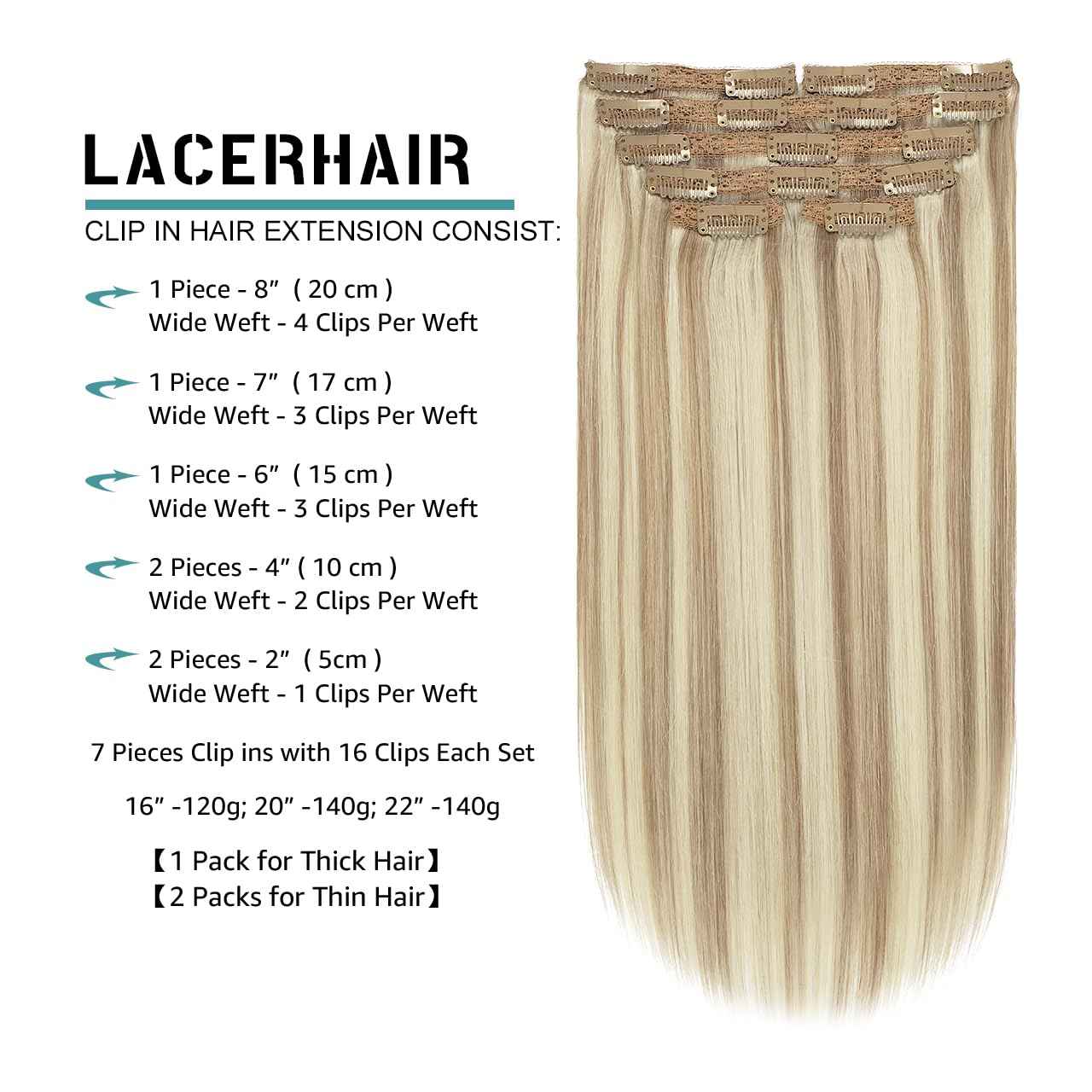 Lacer Clip In Hair Extensions Real Human Hair 20 Inch Light Brown Highlighted Platinum Blonde Thick Silky Straight Remy Human Hair Clip in Extensions 7 Pieces 120 Gram