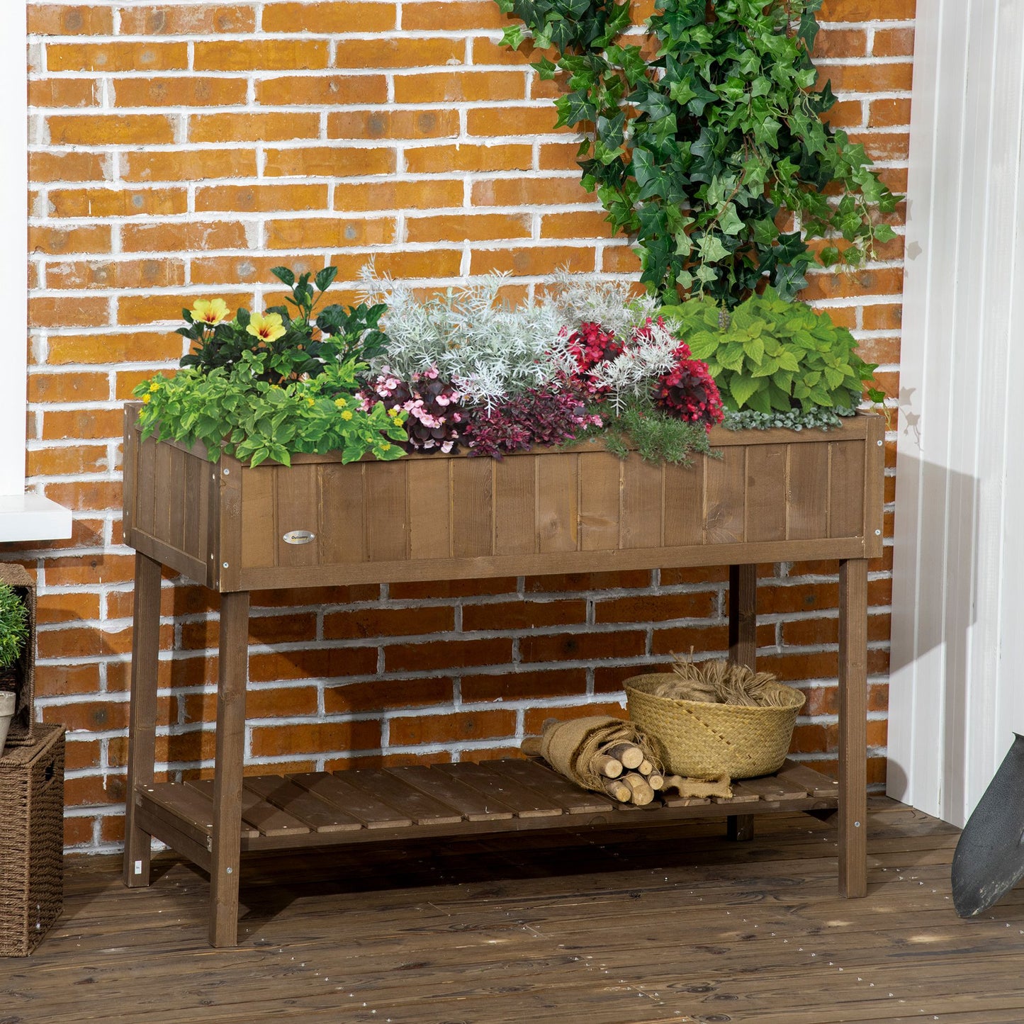Wooden Raised Garden Bed with 8 Planter Boxes & Open Shelf - Dark Brown