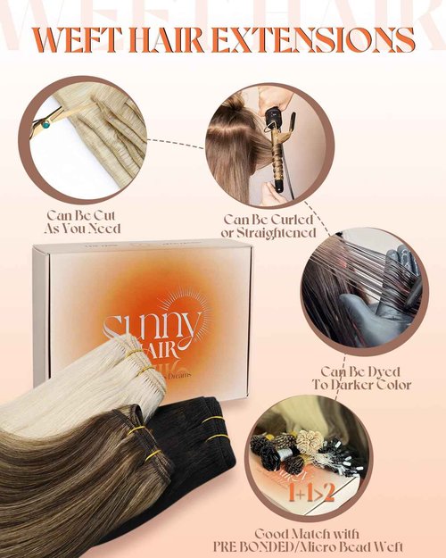 Sunny Hair Sew in Hair Extensions Real Human Hair Dark Brown with Caramel Blonde Highlights Weft Hair Extensions Human Hair Brown Sew in Extensions for Women Real Hair Bundles Human Hair 20inch 100g