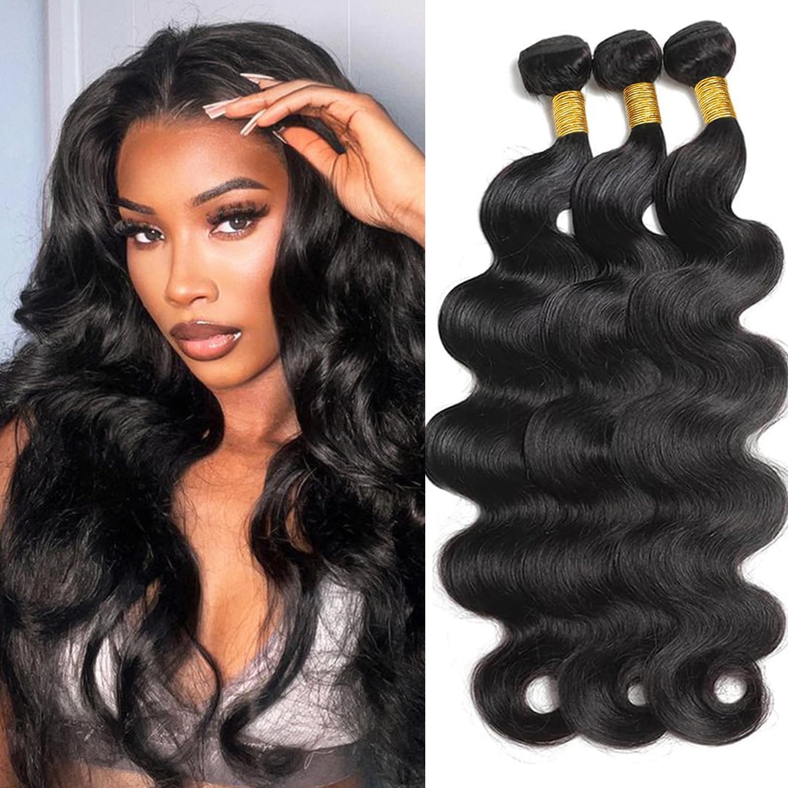 Genrein Body Wave Bundles Human Hair 16 18 20 Inch Brazilian Body Wave Human Hair 3 Bundles Natural Black Virgin Human Hair Extensions Unprocessed Wavy for Women