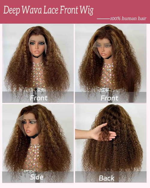 Sherico Ombre Lace Front Wigs Human Hair for Women,13x6 Transparent Deep Wave Lace Front Wig 4/27 Highlight Blonde Hair Wet and Wavy Curly Glueless Wig Pre Plucked with Baby Hairs 180% Density