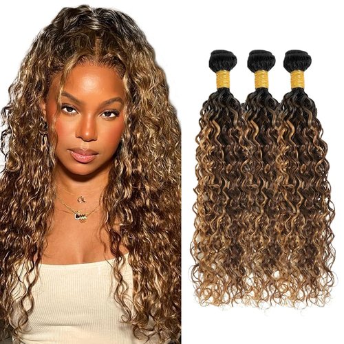 P427 Human Hair Bundles Ombre Highlight Bundle Water Wave Human Hair 3 Bundles 20 22 24 inch #27 and #4 Wet and Wavy Bundle